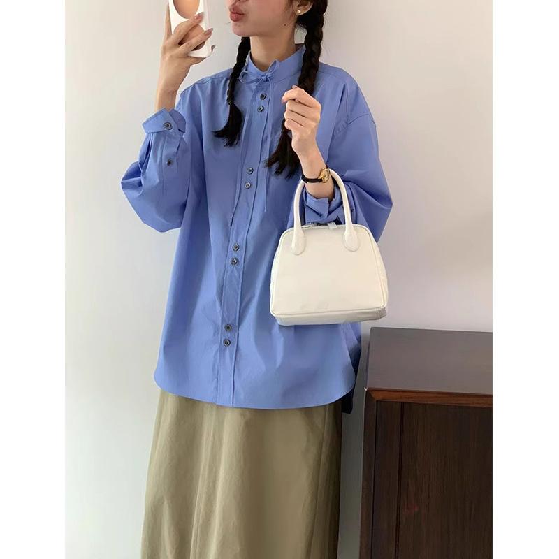 シャツ レディース 春秋 通勤 ゆったり デザイン リボン 結び 立襟 長袖 ブラウス ブルー ホワイト ベージュ 綿 95% かわいい 普段使い
