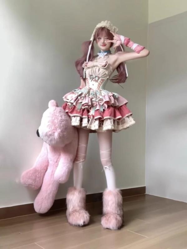 ワンピース レディース ロリータ Aライン 吊りスカート 膝丈 かわいい 春夏 華やか かわいい フリフリ コスプレ ハロウィン