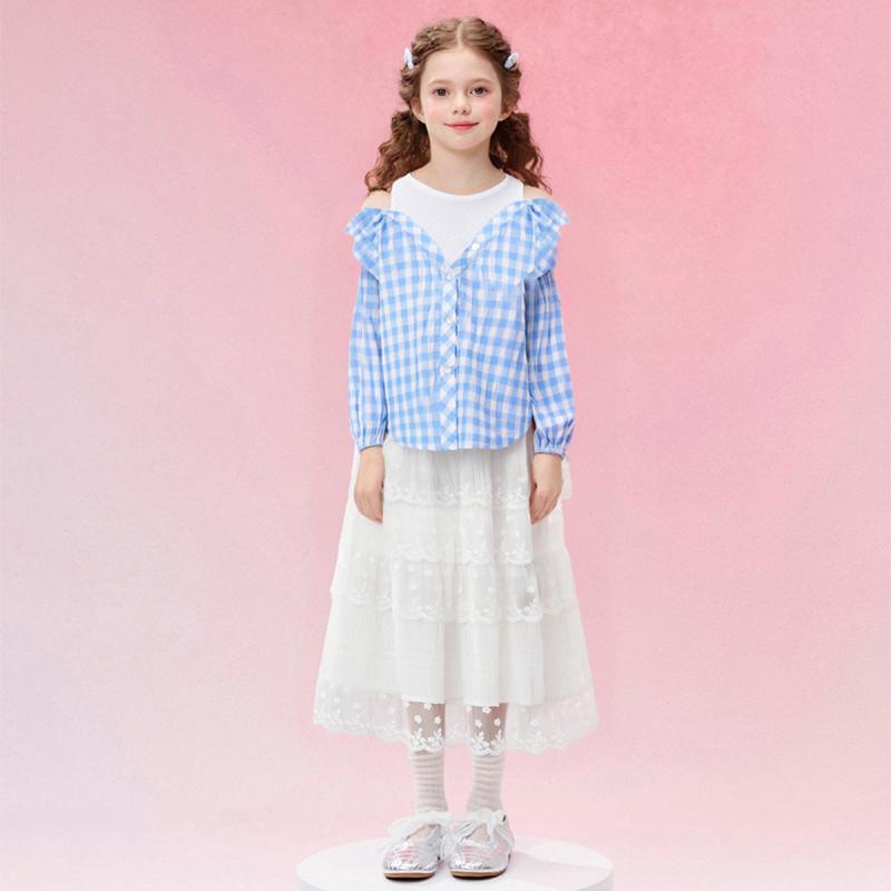 シャツ 女の子 長袖 チェック柄 子供服 韓国風 カジュアル 肩出し フェイクレイヤード 春秋 普段着 発表会