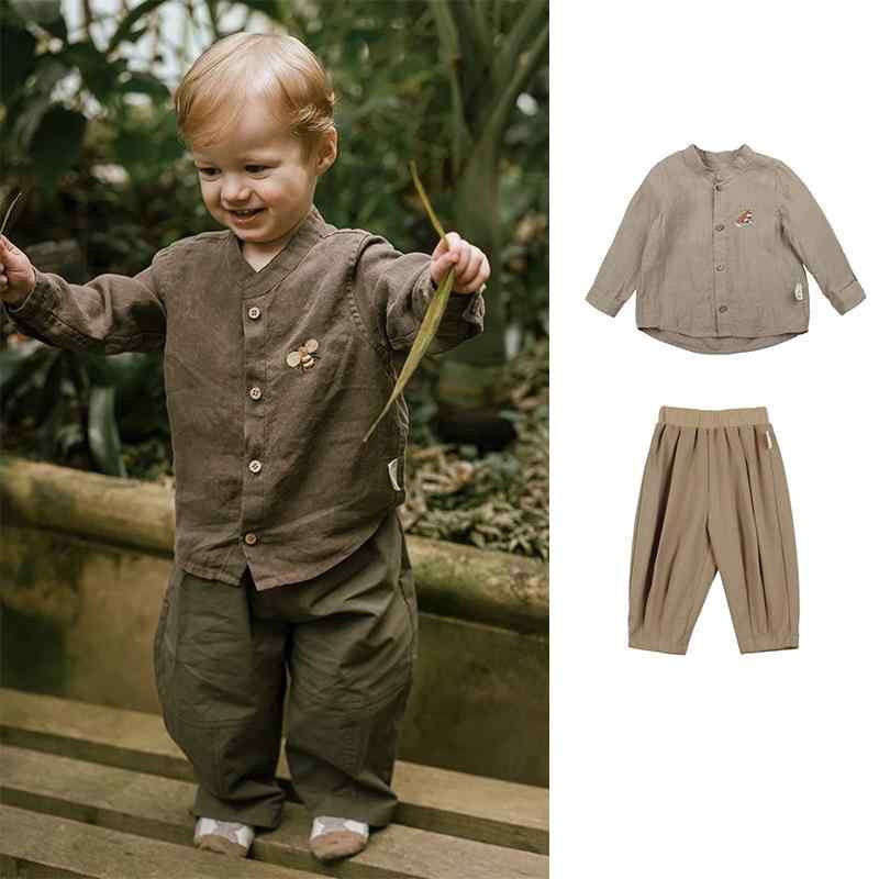 シャツ キッズ 長袖 コットン 上下セット 北欧風 刺・墸 無地 春夏 男の子 乳幼児 子供服 柔らかい カキ色 茶色