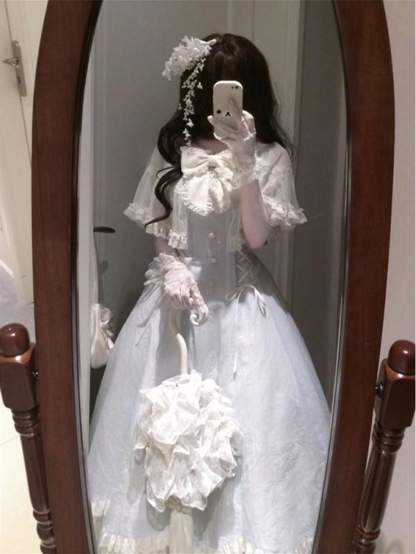 ワンピース レディース ロリータ 浅葱色 ケープ 半袖 切り替え チャイナドレス風 M L XL ポリエステル レース リボン 蝶結び 刺・墸 エレガント 清楚 かわいい ガーリー フェミニン お嬢様 中国風