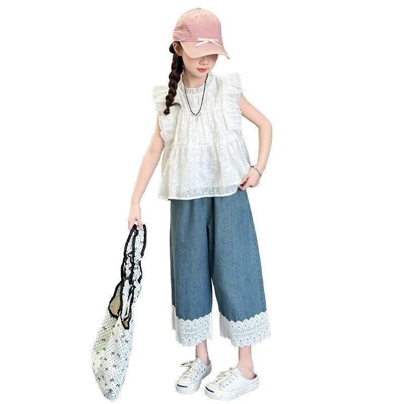 子供服 セットアップ 女の子 夏 半袖 シャツ フリル ギャザー ブラウス デニム パンツ 2点セット かわいい 薄手 トップス ボトムス 130 140 150 160 170