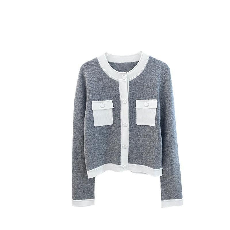 ニット レディース カーディガン グレー 配色 ラウンドネック 長袖 トップス 貂? ゆるシルエット エレガント 通勤着 秋冬