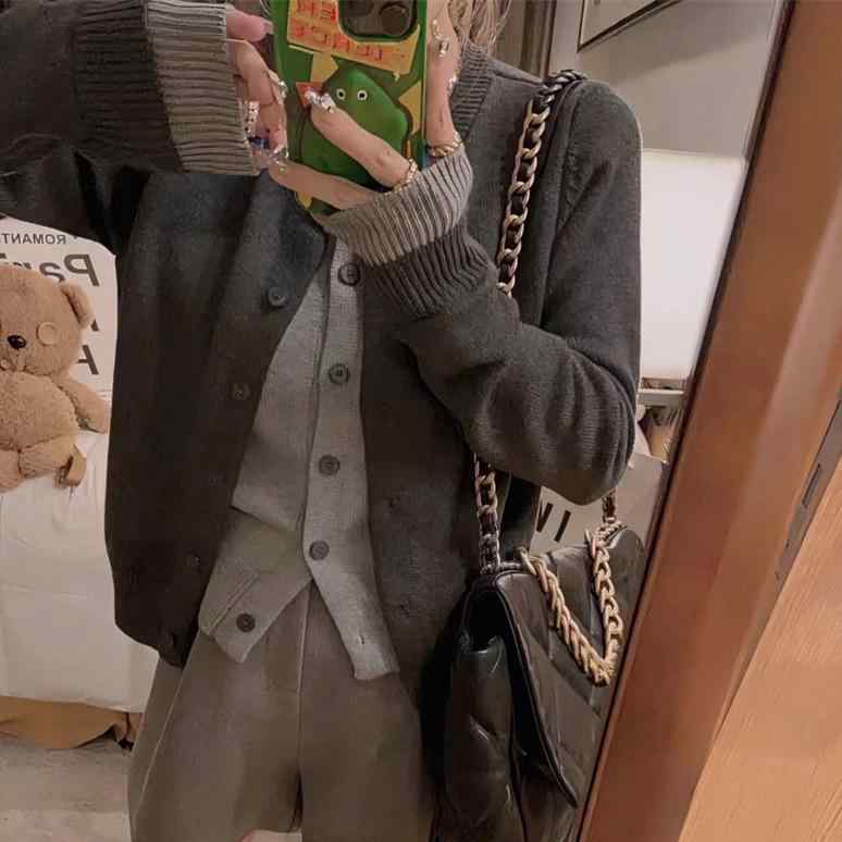 ニット レディース 100%ウール カーディガン グレー系 配色 ラウンドネック 長袖 トップス 伸縮性 秋冬 かわいい 普段使い