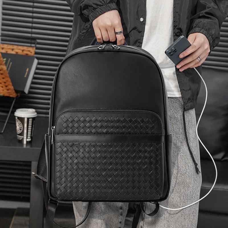 リュック メンズ 男性用 鞄 バックパック 本革 牛革 編み込み 大容量 多機能 15インチPC収納 通勤 ビジネス トラベル ブラック