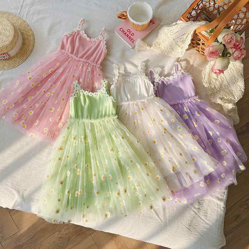 ワンピース 子供服 女の子 小花柄 チュール ノースリーブ プリンセス チュールスカート ビーチ リゾート 薄手 かわいい ふんわり 柔らかい パープル ピンク ホワイト グリーン 春夏