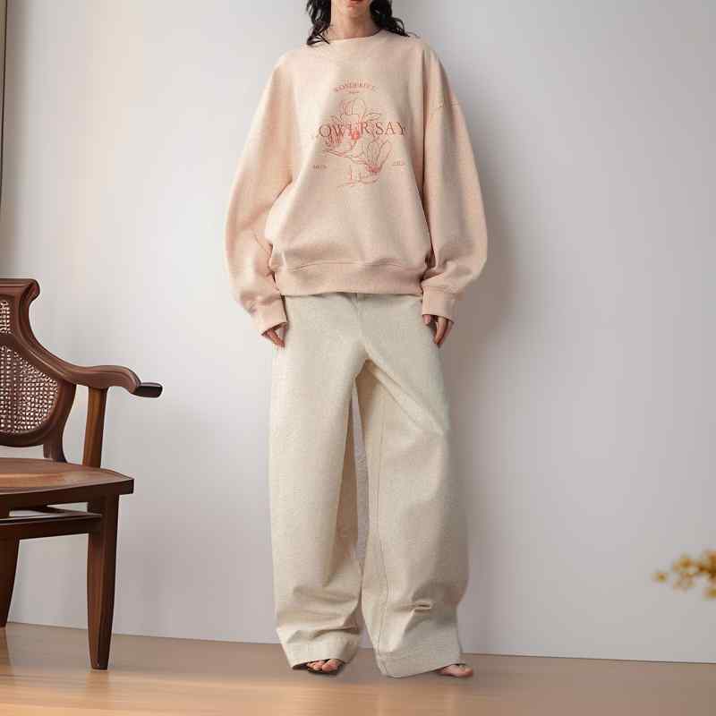 汗水 レディース 玉蘭花柄 御花刷り上げる ティーシャツ レトロ調 ラウンドのど首 長袖 トップス ゆったり 綿織物 秋冬