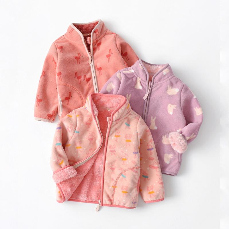 子供服 アウター ジャケット 秋冬 女児 フリース かわいい 総柄 ベビー ピンク スタンドカラー 90 100 110 120 130 140 150