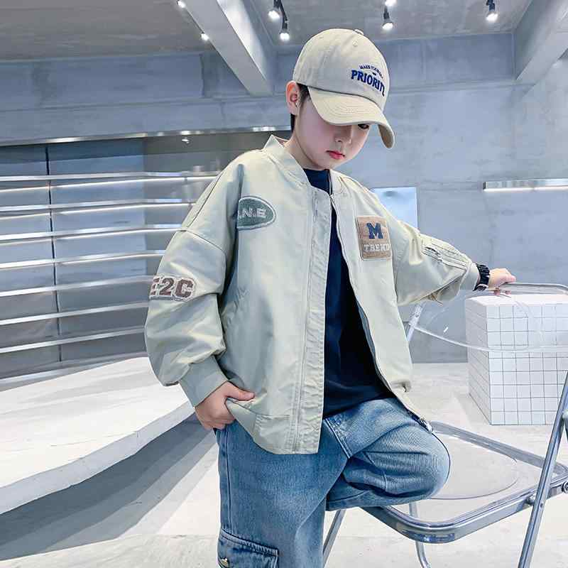 ジャケット キッズ 男の子 秋物 子供服 Vネック 野球 アウター ジャンパー ブルゾン ワーク 140cm 150cm 160cm カーキ ブラック