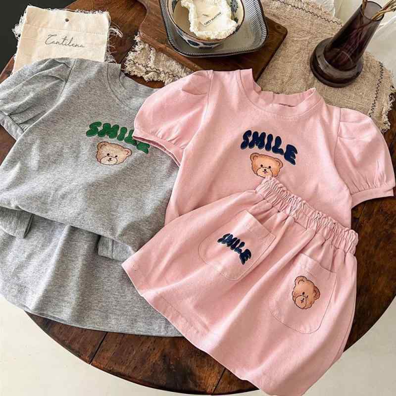 子供用スカートセット 半袖Tシャツとスカートのセットアップ 春夏 女の子 かわいい プリント柄 普段着 おしゃれ着 ピンク系 グレー系