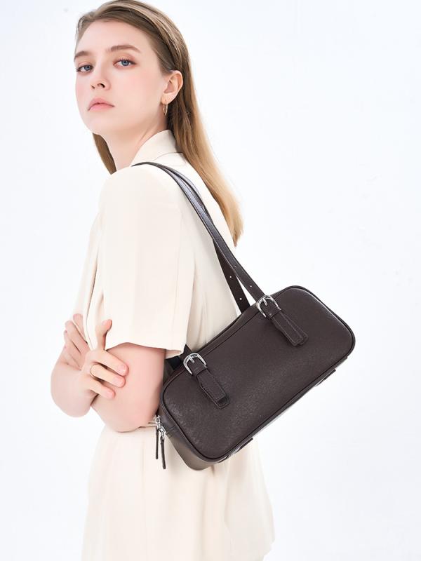 御徒面子 レディース 本革 ショルダーバッグ ハンドバック バゲットバッグ 通い 普段使い走り 車縫線 ヤダンコーヒー色 黒いこと 裏地付き添い人 ジッパー衣嚢付き添い人