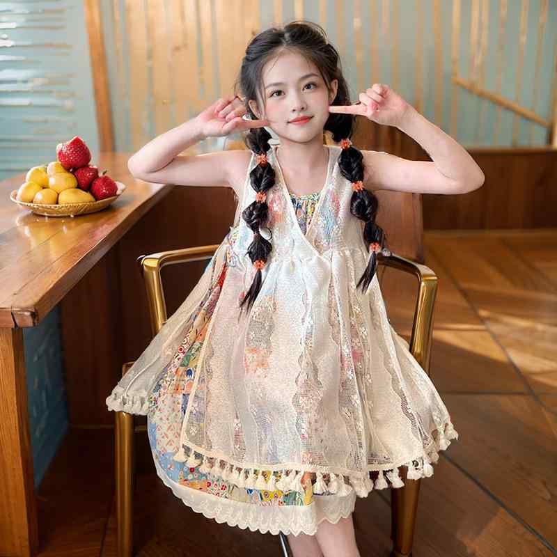 ワンピース 女の子 子供服 セットアップ キャミソールワンピース ボヘミアン リゾート柄 2点セット 夏 綿 中大 детска облекло 120cm 130cm 140cm 150cm 160cm 170cm