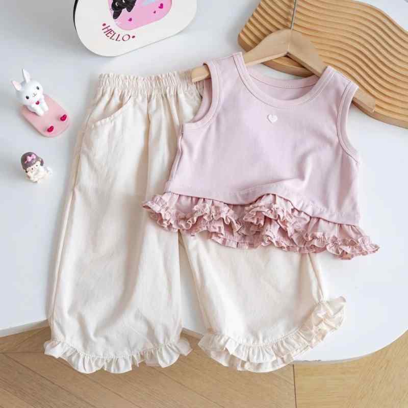 キッズ 女の子 セットアップ ノースリーブ トップス ワイドパンツ 上下2点セット 春夏 かわいい 綿 ピンク系 90cm 100cm 110cm 120cm 130cm
