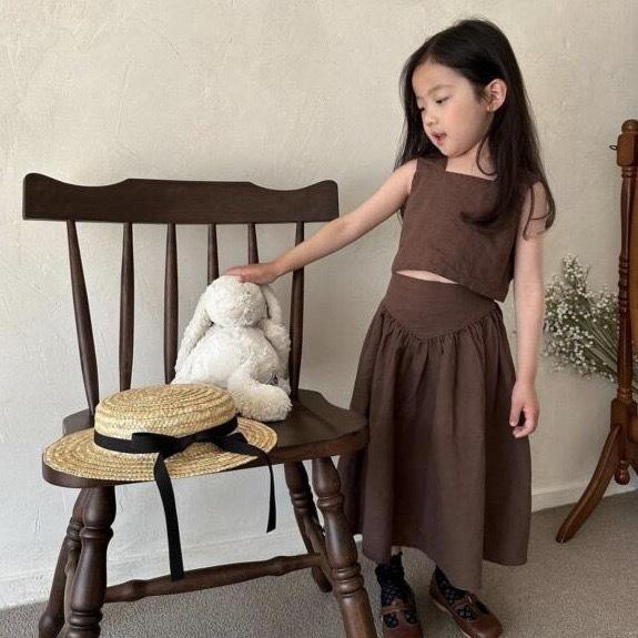 子供用セットアップ 女の子 夏物 キャミソール トップス スカート 2点セット 綿麻混紡 8歳以上 森ガール ミルクティー ベージュ系
