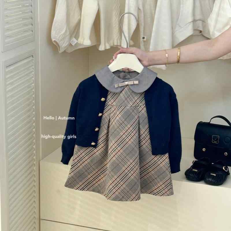 子供用セットアップ ニットカーディガンとワンピースの2点セット 女の子 秋物 格子柄 80 90 100 110 120 130cm