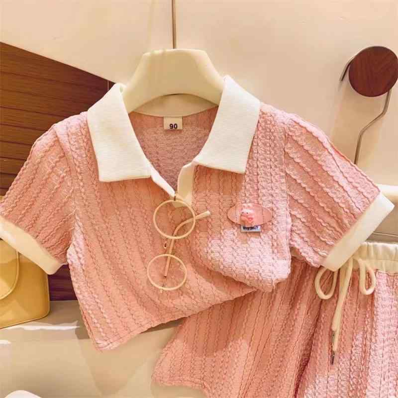 子供服 ポロシャツ 半袖 短パン セットアップ 女の子 夏物 薄手 ストライプ柄 2点セット 幼稚園 保育園 ピンク系