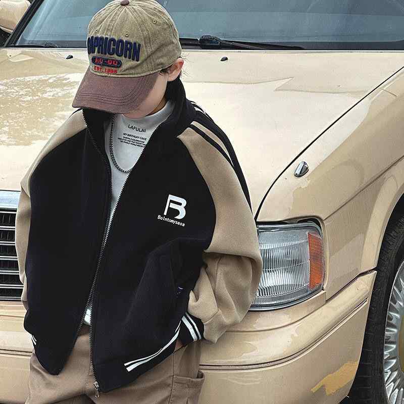 ジャケット キッズ 女の子 B字ロゴ 野球服風 スウェット カーディガン 子供服 長袖 アウター 秋冬 普段着 部屋着 ブラウン系