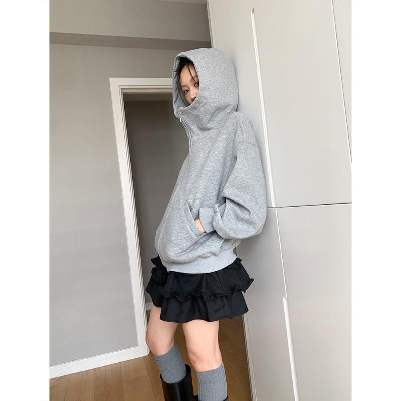 パーカー レディース 韓国風 ゆったり 朦々たる ボンネット付き添い人 ジップアップ トップス 汗水 点火装置薄墨色 黒いこと 秋冬 長袖 心地よい