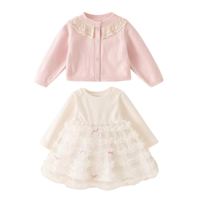 ワンピース 女の子用 レース ニットカーディガン セットアップ ケーキスカート 2点セット 蝶結び 春物 ポリエステル ブルー ピンク 90cm 100cm 110cm 120cm 130cm 140cm