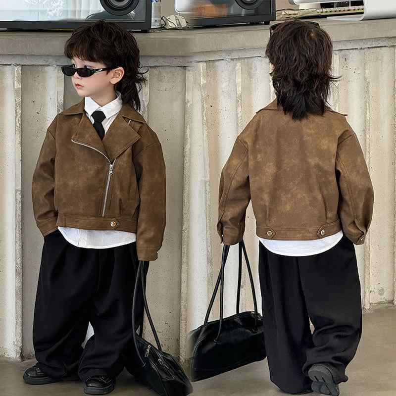 ジャケット キッズ 男の子 子供服 春秋 PUレザー カジュアル 長袖 ショート丈 ブルゾン アウター 普段着 3歳 4歳 5歳 6歳 7歳 8歳 100cm 120cm 130cm 140cm 150cm 160cm|Tanzan