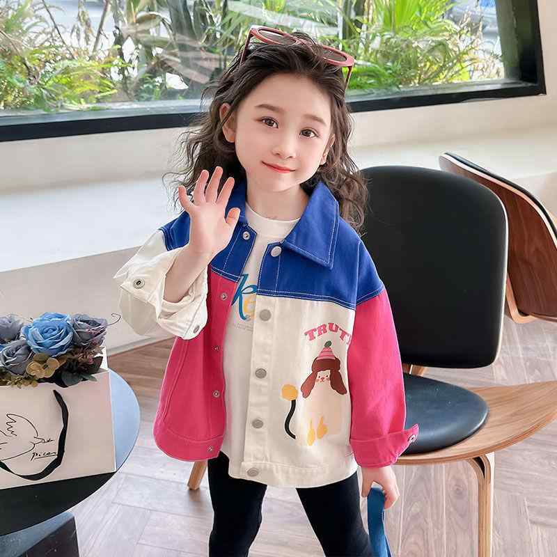 子供服 デニム ジャケット 女の子 アウター 春秋 薄手 長袖 カジュアル プリント 切り替え バイカラー おしゃれ 普段使い
