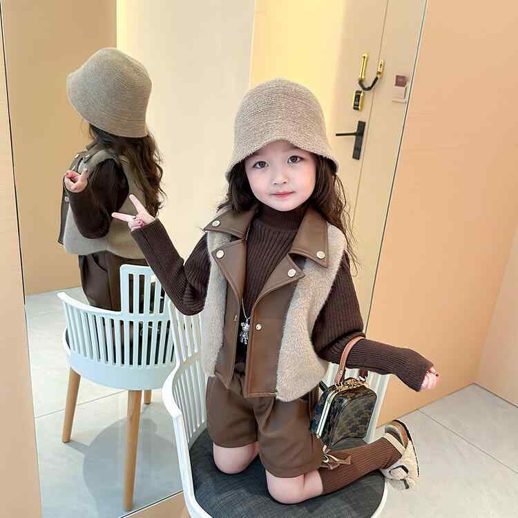 子供用スーツ 秋冬 フェイクファー ベスト 3点セット フォーマル セレモニー 深棕色 80cm 90cm 100cm 110cm 120cm 130cm 140cm