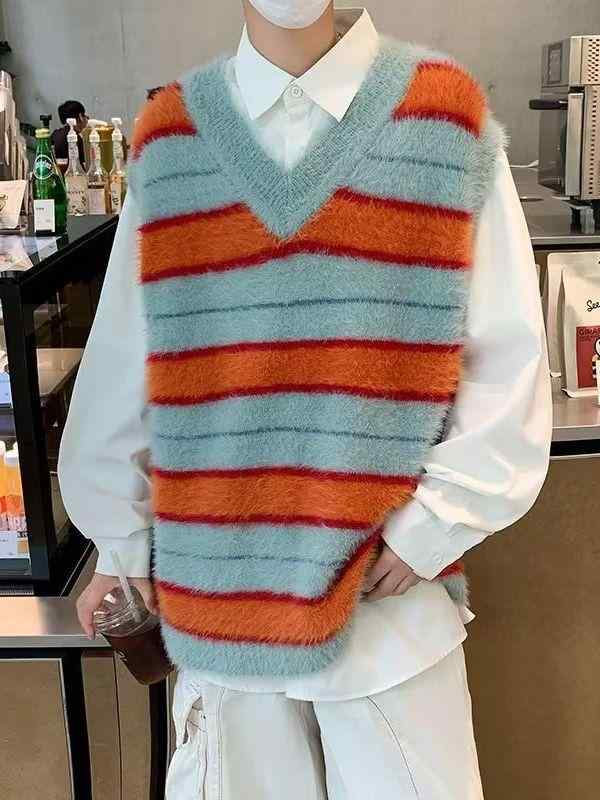 ニット メンズ 古着風 ストライプ ミンク Vネック セーター ベスト トップス 秋冬 ゆったり 10代 20代 黄色 ブルー
