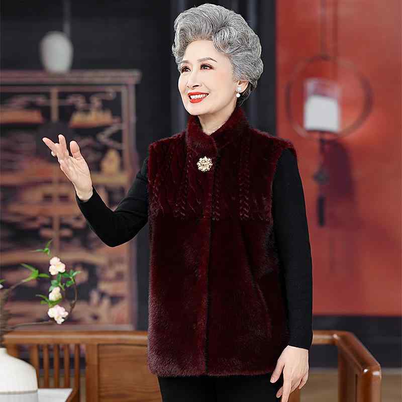 ベスト レディース ミンクファー シニア 高齢者向け 冬服 あったか チョッキ ショート丈 ワインレッド ブラウン ポリエステル 無地 ポケット付き 快適 カジュアル 12,370円