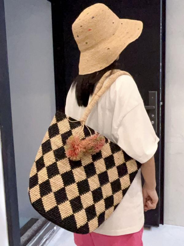麦わら帽子 レディース 縞模様柄 かんかん帽トートバッグ 手提げ鞄 砂浜御徒面子 ショルダーバッグ ラフィア 麦わら御徒面子 大静電容量 たまり場 旅する 普段使い走り 春夏