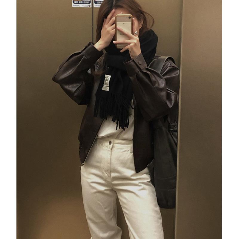 ジャケット レディース 韓国風 ライチ模様 フェイクレザージャケット ドロップショルダー ゆったり ブラウン ブラック ポロ襟｜Tanzan