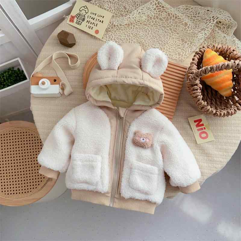 子供用ジャケット 韓国風 かわいい クマ 加絨 ボア コットン アウター 1歳 2歳 3歳 ベビー服 連帽 フード付き コート 防寒着 外出着 73cm 80cm 90cm 100cm 杏色 カーキ色