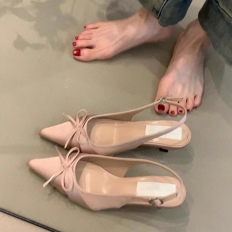 サンダル レディース 羊革 シュロの葉 チャンキーヒール バックス落とし穴 ポインテッドトゥ スリッポン 杏色 サクラ色 愛くるしげ ガーリースタイル レディース靴-サンダル-靴