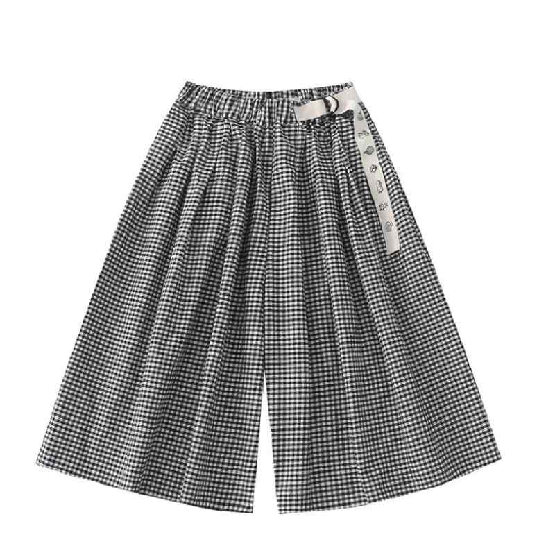 パンツ レディース 格子柄 ワイド キュロットパンツ 七分丈 ウエストゴム 綿 混紡 涼しい かわいい 春夏 普段使い