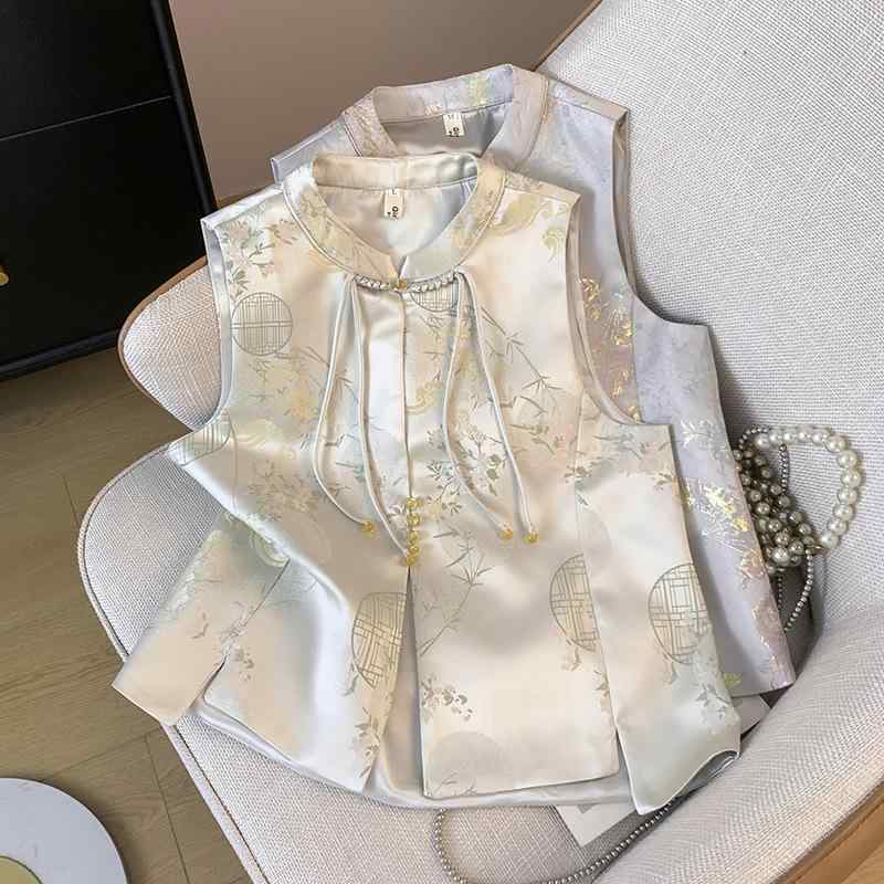 ベスト レディース チャイナ風 刺繍入り ショート丈 ポリエステル エスニック レトロ アプリコット 銀灰色