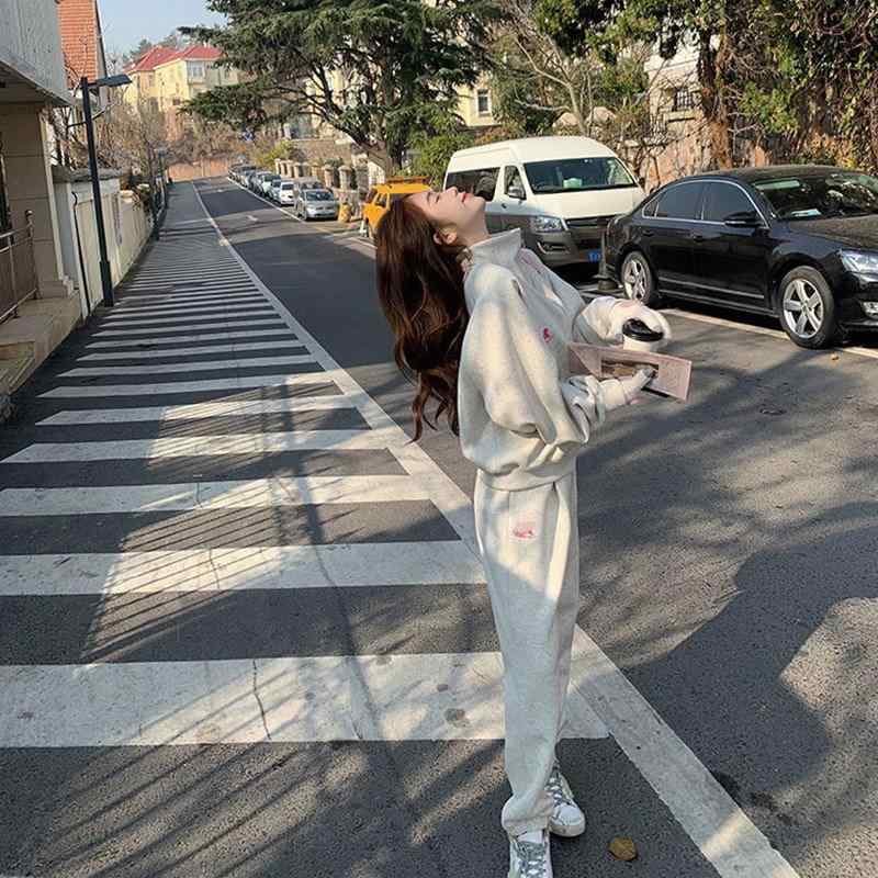 スウェット レディース パンツ セットアップ 春秋 上下セット 部屋着 ルームウェア ジャージ 韓国 ファッション かわいい 普段使い 綿 刺・墸 ライトグレー|Tanzan