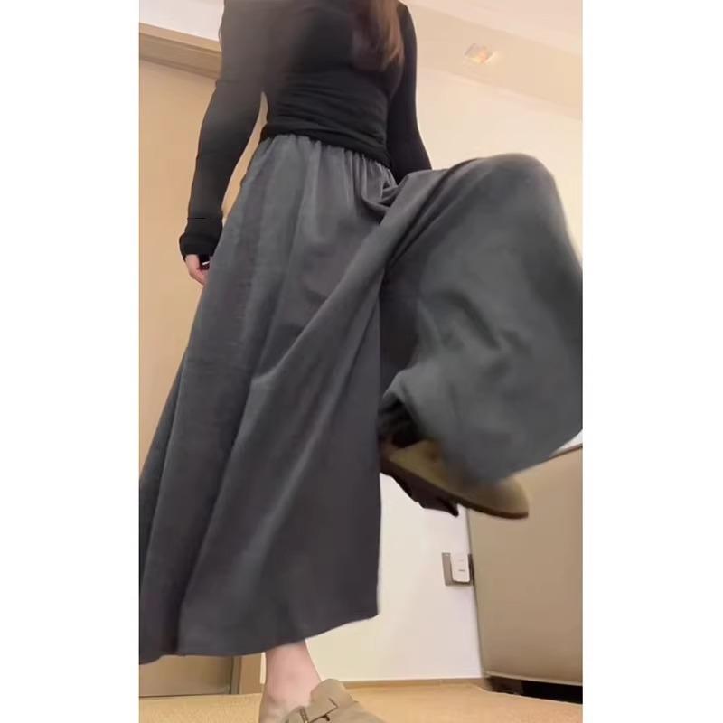 スカート レディース ニットスカートパンツ 春秋 7分丈 ワイドレッグパンツ リラックス イージーパンツ S M L XL ポリエステル 深灰色