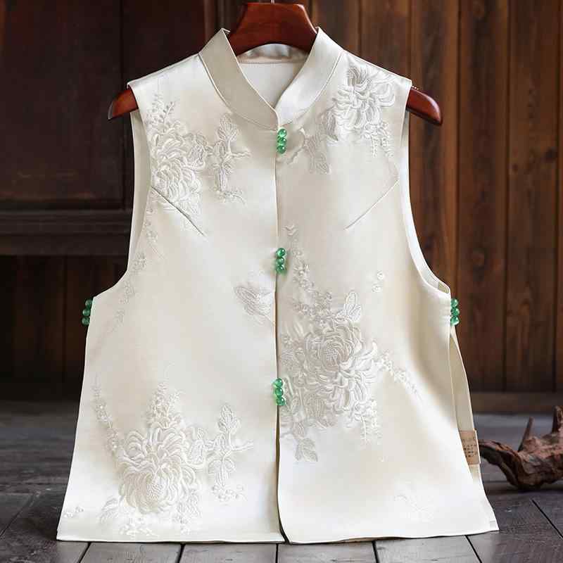 ベスト レディース 立襟 刺繍 レトロ 背心 馬甲 チョッキ トップス 婦人服 花柄 刺しゅう 春夏 開襟 前開き 普段使い お出かけ着 ブラック 黒色