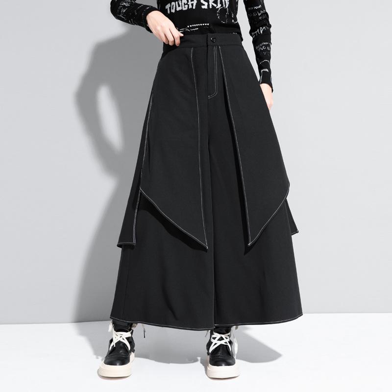 パンツ レディース 春秋 ワイドレッグパンツ スカンツ ゆったり デザイン 普段使い ストレートパンツ ロングパンツ 黒 ポリエステル 高見え 美脚