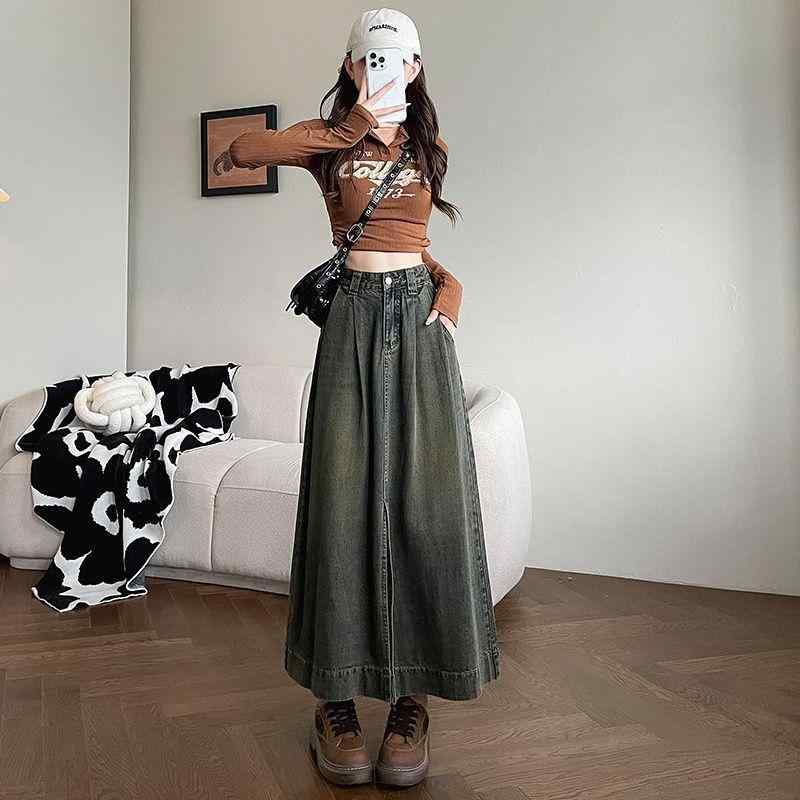 デニム スカート レディース アメリカン レトロ ハイウエスト スリット Aライン ミモレ丈 ロング丈 ゆったり 楽ちん 水洗い加工 切り替え 綿 再生繊維 水色 グレー 無地