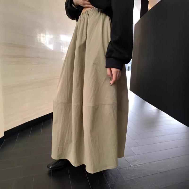 スカート レディース 秋 Aラインスカート ロング丈 ポリエステル 高見え 無地 ふんわり ギャザー ゆったり ゴムウエスト 白 灰色 黒 コーヒー色