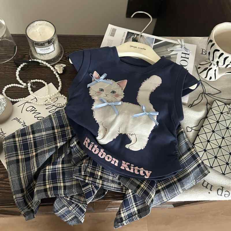 子供用セットアップ 女の子 半袖Tシャツ チェック柄スカートパンツ 上下セット 薄手 夏服 かわいい 猫柄トップス ガールズ カジュアル 普段着 4,418円