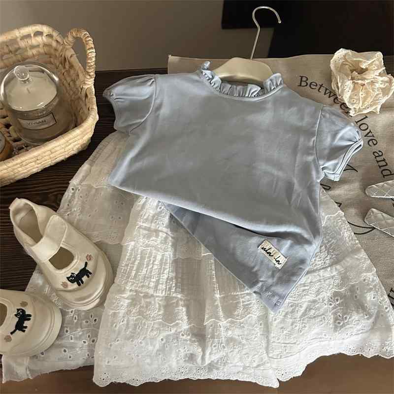 子供服 ガールズ 半袖Tシャツ レーススカート 上下セット 春夏 薄手 無地 ブルー系 100 110 120 130 140 かわいい 韓国風