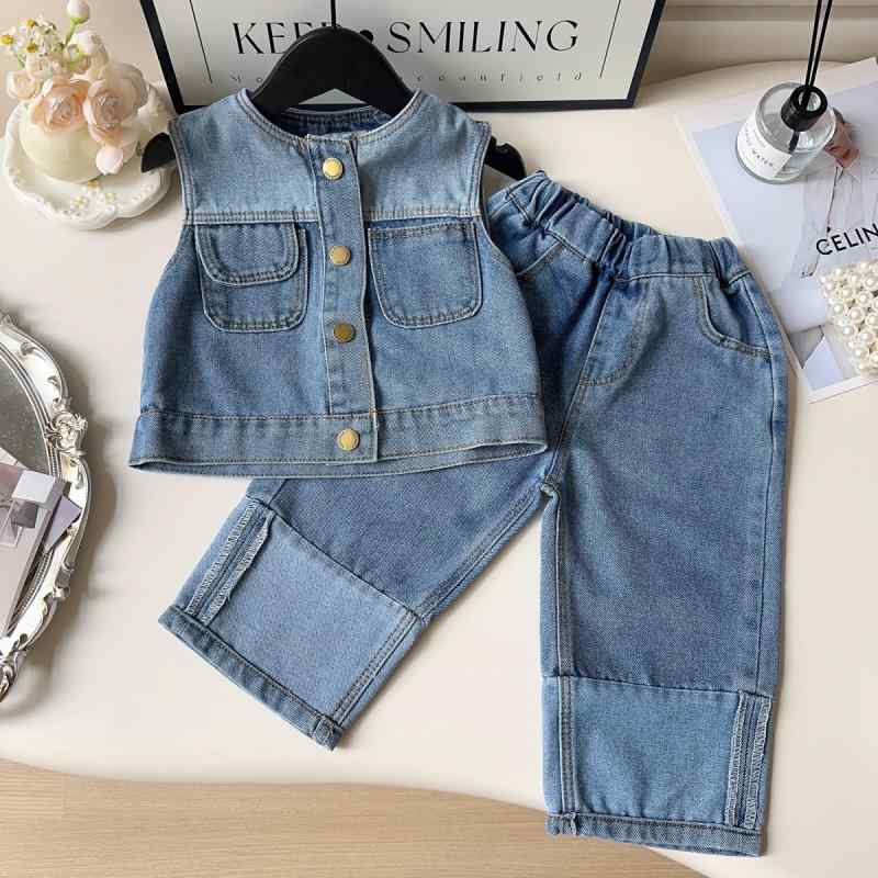 子供用デニムセットアップ 春秋物 女の子用 レトロ デニムベスト パンツ 2点セット ブルージーンズ 綿