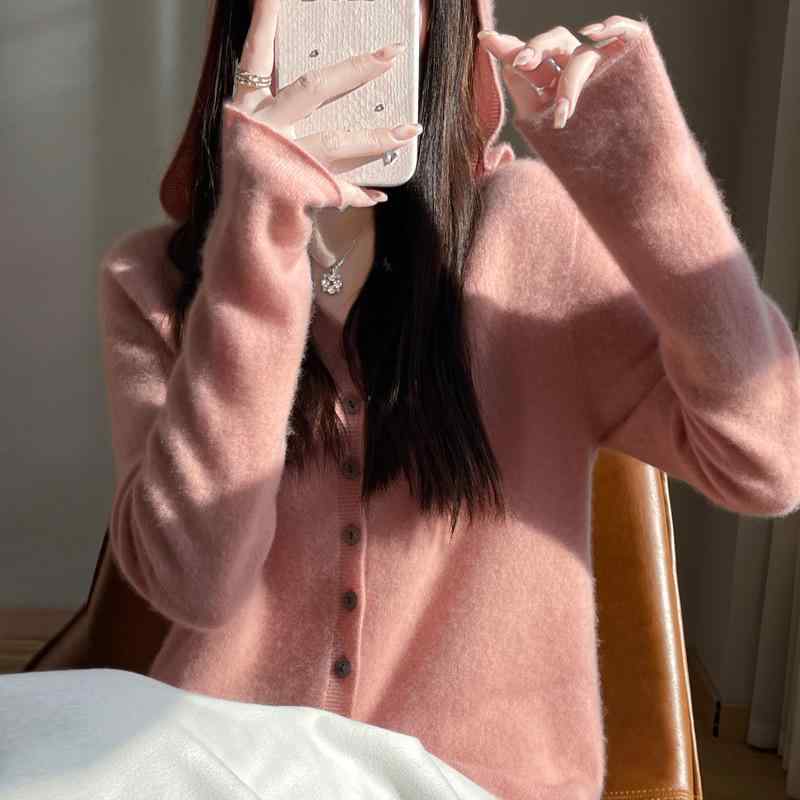 ニット カーディガン レディース ゆるかわ 無地 フード付き 長袖 トップス 春秋冬 ミディアム丈 あったか きれいめ ベージュ ピンク系