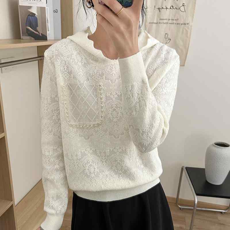 ニット レディース レースフード付き プルオーバー 春物 長袖 トップス カットソー 薄手 ゆったり かわいい カジュアル 無地 オフホワイト