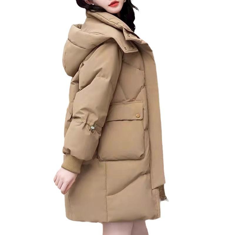 ダウンジャケット レディース 中綿入り 防風 保温 アウター ジャンパー ブルゾン 冬服 婦人服 ミドル丈 フード付き ポリエステル カーキ色 ブルー ブラック|Tanzan