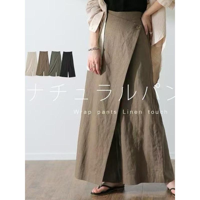 パンツ レディース 綿麻 ゆったり ワイドレッグ イージーパンツ 高腰 ズボン 春夏 薄手 快適 リラックス 黒 カーキ ベージュ アーミーグリーン