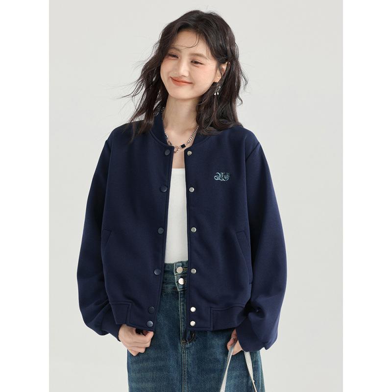 野球服 レディース 薄手 ジャケット 春秋 ブルゾン カーディガン ゆったり トップス スタンドカラー 深青色|Tanzan