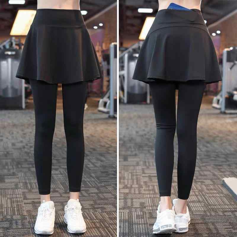 スポーツパンツ レディース 高腰 提臀 レギンス スカート付き ヨガパンツ ランニングパンツ 速乾 9分丈 7分丈 ポリエステル ブラック 無地 ポケット付き スタイルアップ効果