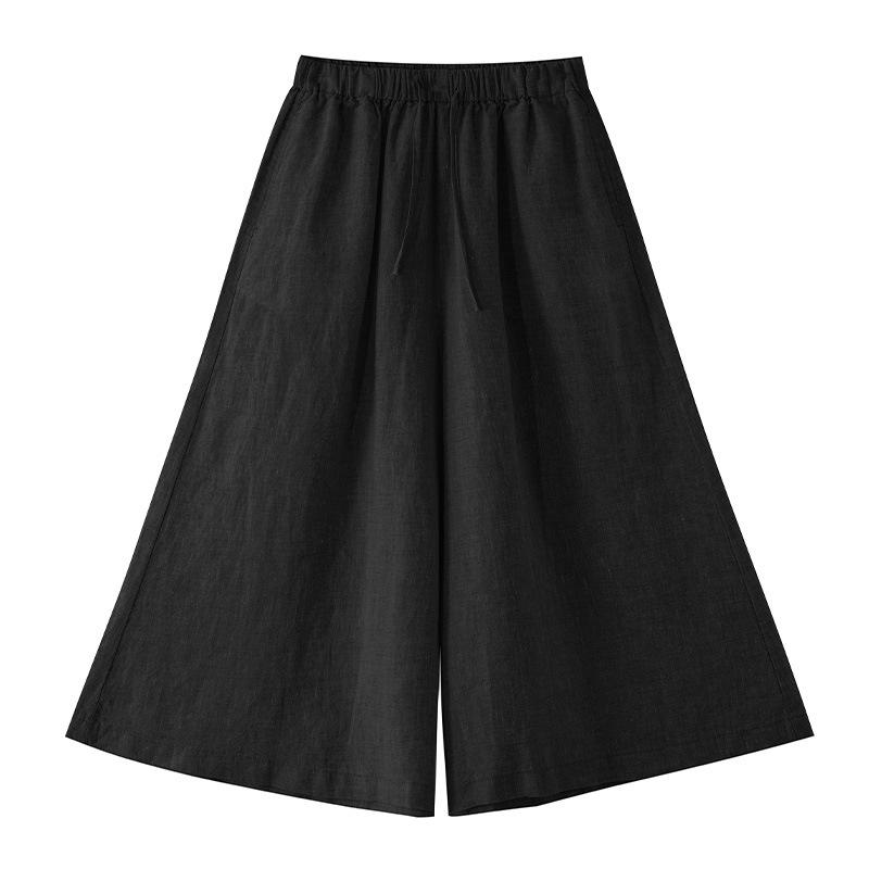 スカート レディース 亜麻 リネン ワイドレッグパンツ 高ウエスト 七分丈 薄手 黒 白 麻色 モスグリーン 紺色 桜色 ライトグリーン